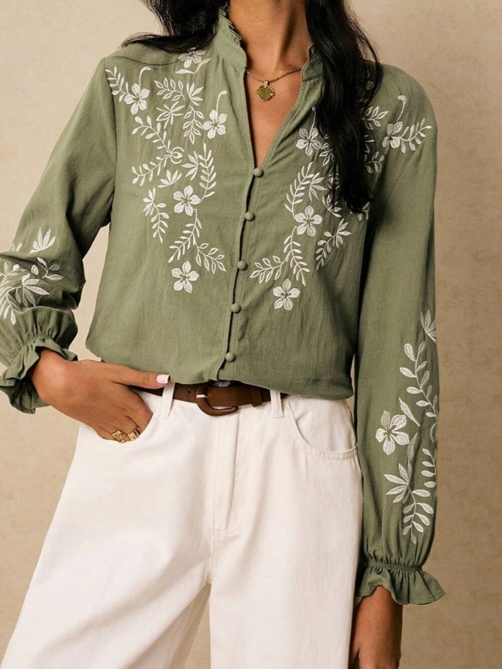 Green Boho Women's Elegant Floral Embroidered Ruffle Collar Button-Up Shirt - Picture 4 of 8